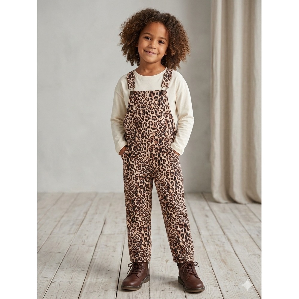 SHEIN Kids Leopard Print Overalls Brown Animal Pattern Bib Dungarees Size 5Y